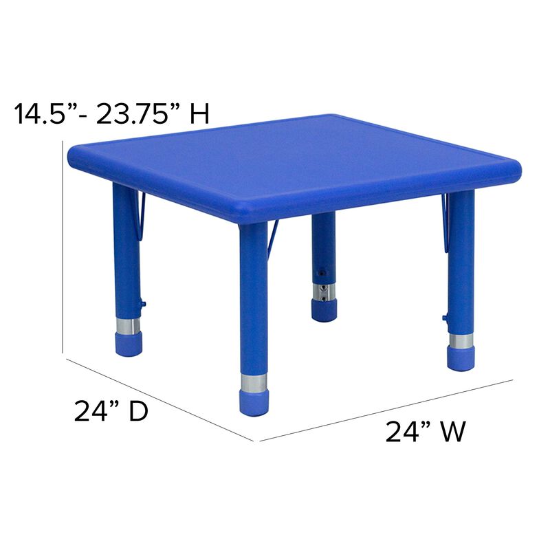 Flash Furniture 24'' Square Blue Plastic Height Adjustable Activity Table Set with 4 Chairs