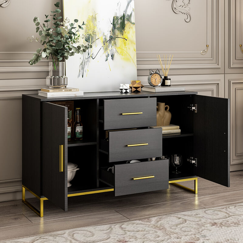 Black Storage Accent Cabinets with 3-Drawers and 2-Cabinets, Metal Legs Cupboard Floor-Standing Sideboard