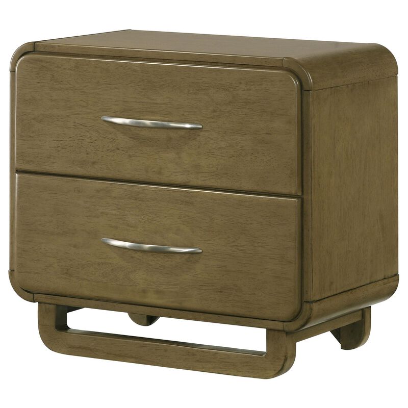 Deon Nightstand, 2 Drawers w Nickel Handles, Sled Legs, Nutmeg Brown - Benzara