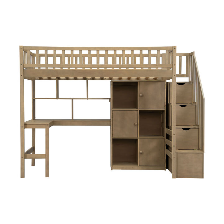 Whisen Twin Size Loft Bed with Desk, LED & Staircase, Solid Wood, for Bedroom