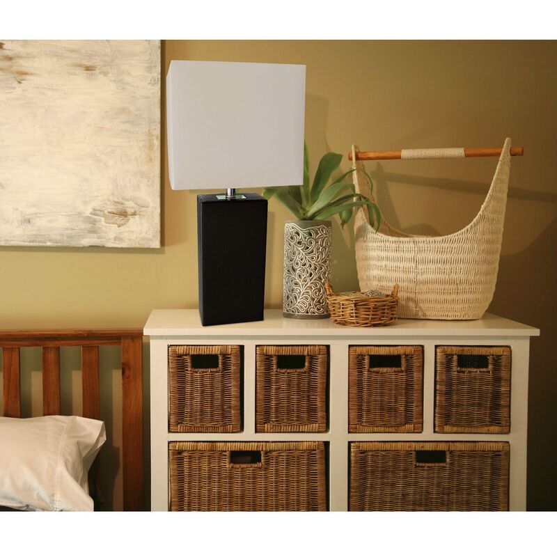Contemporary Leather Table Lamp with Fabric Shade