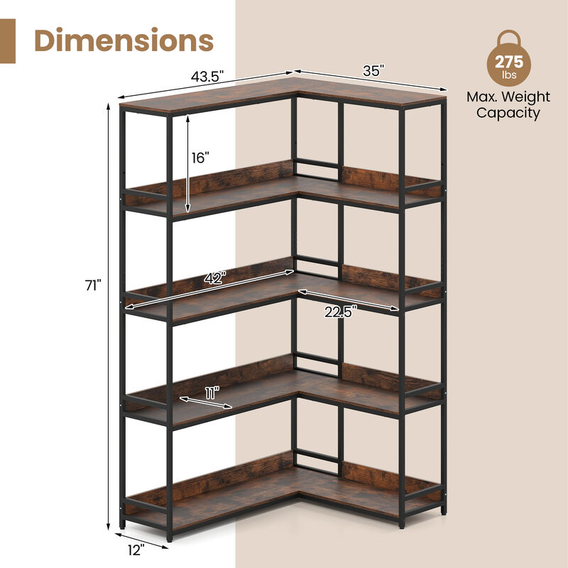 5-Tier L-Shaped Corner Bookshelf with Metal Frame, Space-Saving Etagere Design