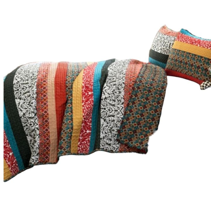 Hivvago King size 3-Piece Quilt Set in Modern Colorful Stripe Geometric Floral Pattern