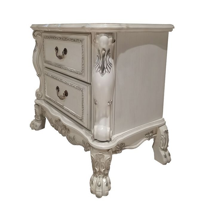 Aurora 32 Inch Classic Wood Nightstand, 2 Drawers, Subtle Carvings, White-Benzara