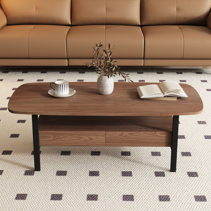 Wooden Coffee Table with 2 Drawers & Open Shelve 47.2" Walnut