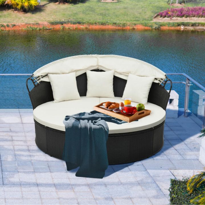 Hivvago Clamshell Patio Round Daybed Wicker with Retractable Canopy and Pillows