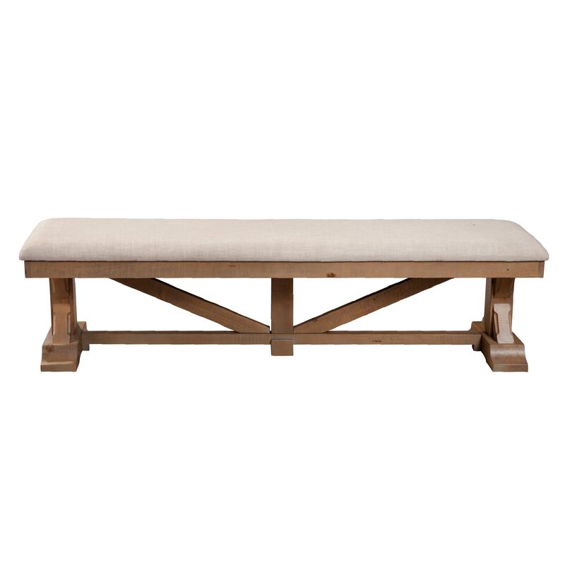 Tess 69 Inch Dining Accent Bench, Beige Fabric Cushion, Pine Wood, Brown-Benzara