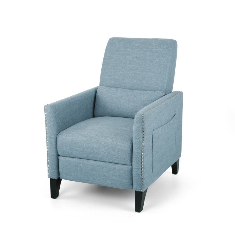 Davy Pushback Recliner Chair, Nailhead Trim, Birch Wood, Blue Fabric - Benzara
