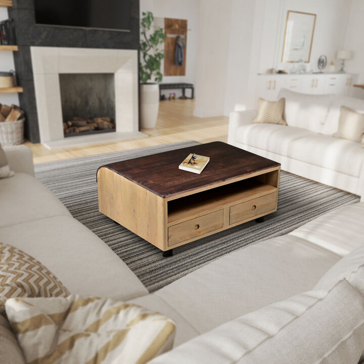 36 Inch Modern Mango Wood Coffee Table, Drip Design Walnut Brown Surface, Oak White Frame