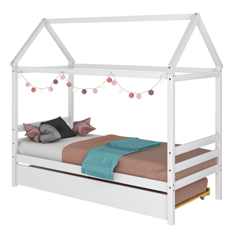 Kids Bedroom Wooden Bed Frame with Roof &ndash; Platform Bed for Boys & Girls