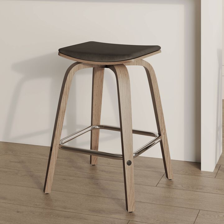 LeisureMod Square Counter Stool Upholstered in Leather with Poplar Wood Frame and Chrome Iron Footrest 360-Degree Swivel for Modern Home, Kitchen, Bars Pelya Collection