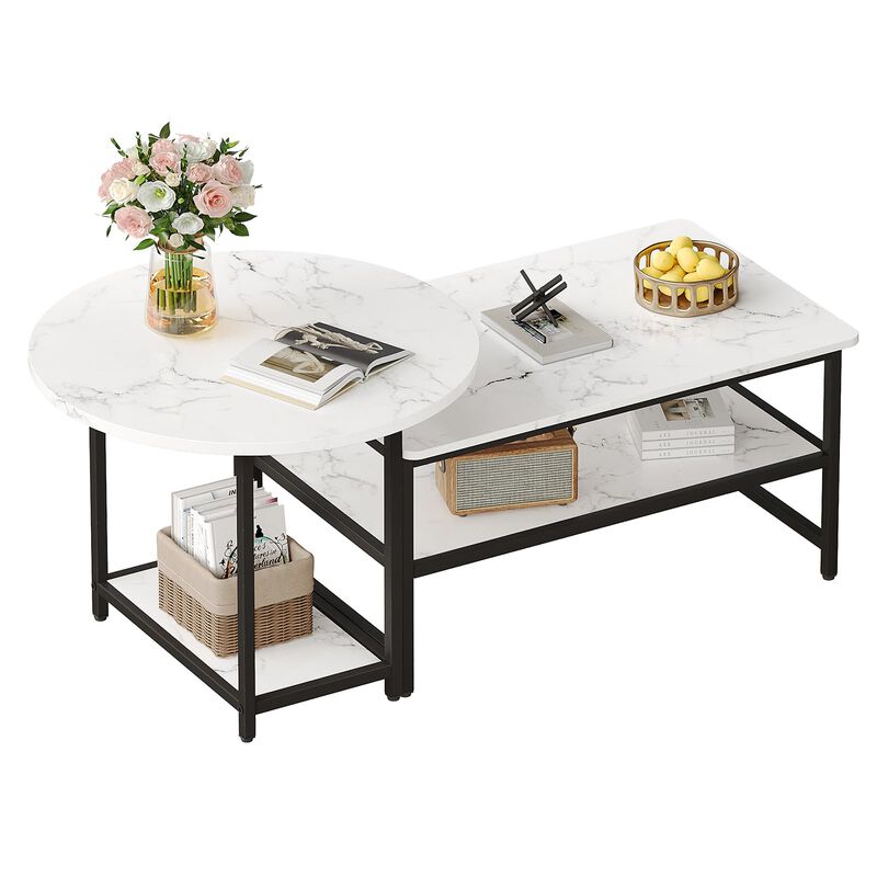 WOHOMO Coffee Table, White Modern Coffee Tables for Living Room, Detachable 2 Small Coffee Tables, Faux White Marble