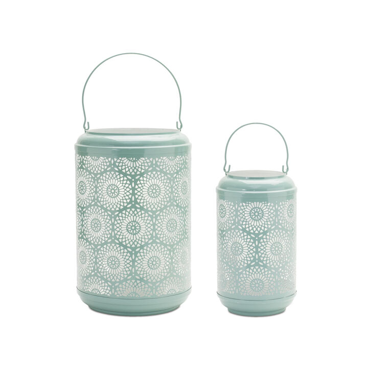 HomeRoots Set of Two Green Abstract Metal Tabletop Lantern Candle Holders