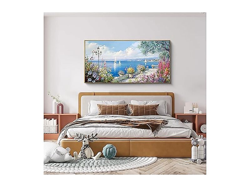 Large Coastal Wall Art Ocean Seascape Canvas Yellow Green Flowers Landscape Room image number 2