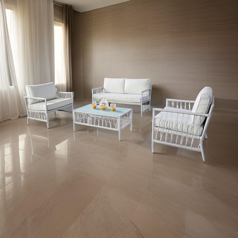 Hema 4 Piece Patio Set with 2 Chairs, Table, and Sofa, White Fabric, Metal - Benzara