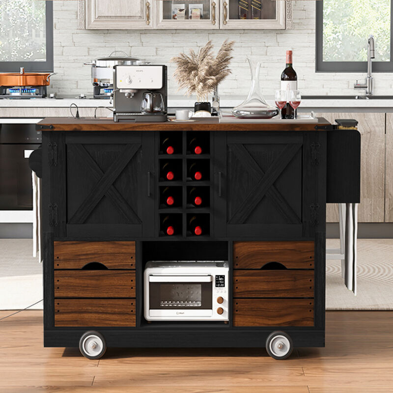 ELEMENT ACE Farmhouse Kitchen Island Cart with Foldable Leaf, Built-In Power Outlet, Ample Storage Drawers and Cabinets image number 9