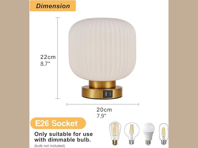Table Lamp &ndash; Touch Dimmable Brass Base with USB‑C/A Ports & Cream Glass Shade image number 2