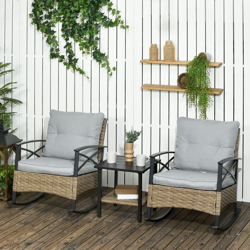 Light Grey Patio Set: 3PC Wicker Rocking Bistro Set with Cushions