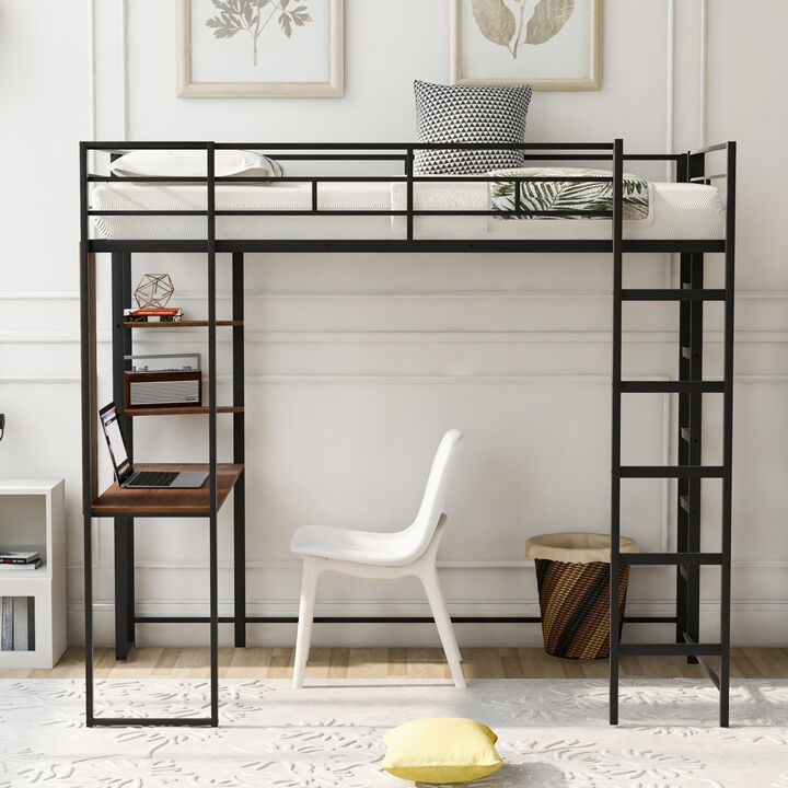Twin Metal Loft Bed with 2 Shelves and one Desk, BLACK(Old SKU: MF281206AAB)