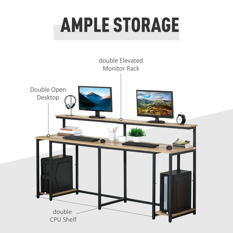 Black/Light Brown Workspace: 2-Person Desk with Monitor Rack and Shelves