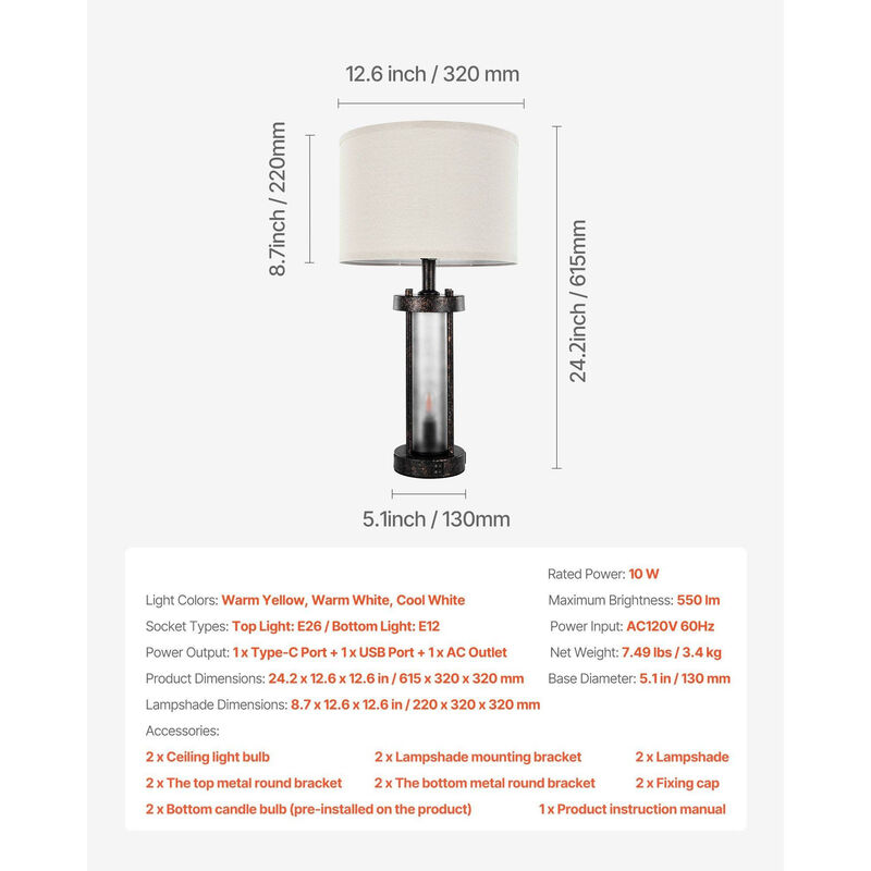 Farmhouse Bedside Table Lamps Set of 2 with Linen Shades, USB Charging Ports & AC Outlet image number 2