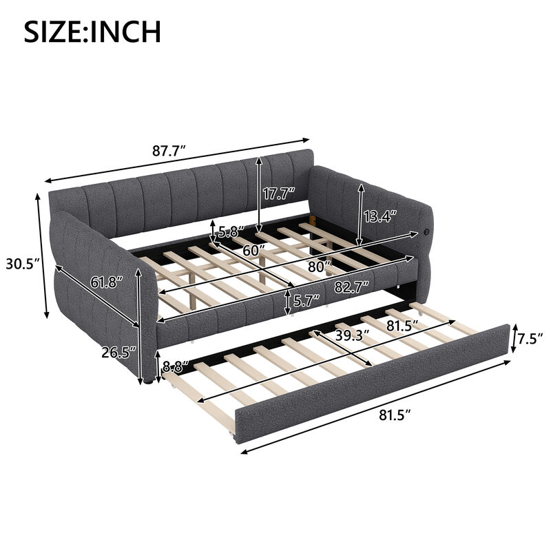 Merax Queen Size Gray Lambswool Upholstered Daybed with USB Charging image number 5