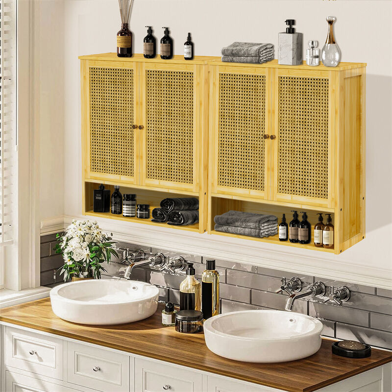 Bathroom Cabinet Wall Mounted, Bamboo Over-The-Toilet Storage Organizer 2 Door image number 3
