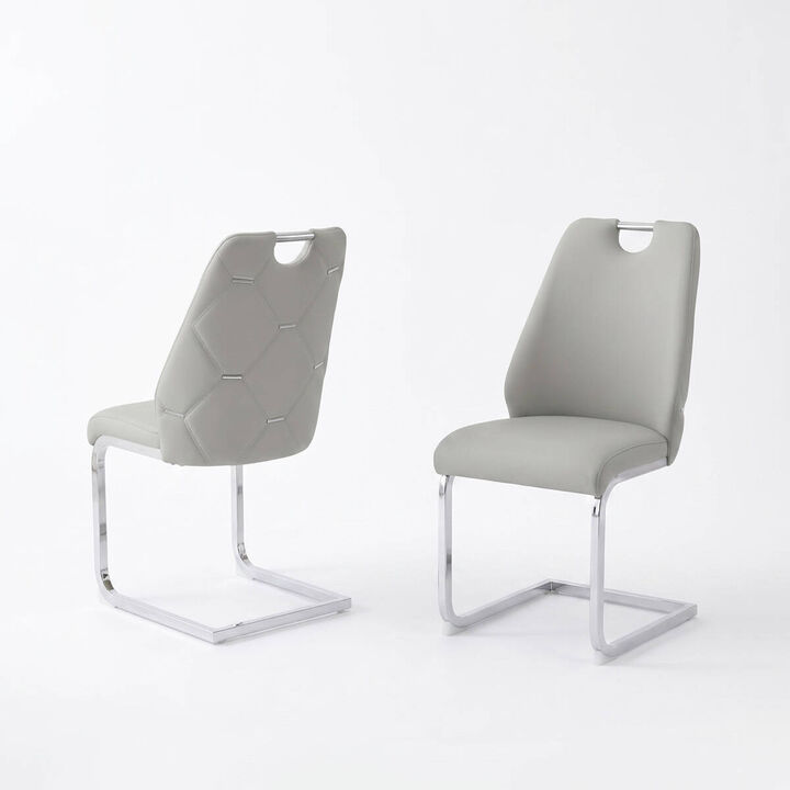 Set of 2 PU Leather Dining Chairs, High Back Upholstered Dining Chair with Ring Pull Handle, Modern Rectangular Back Dining Chair