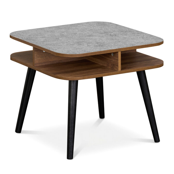 Wooden Side Table with Open Storage Shelves and Rubber Wood Legs