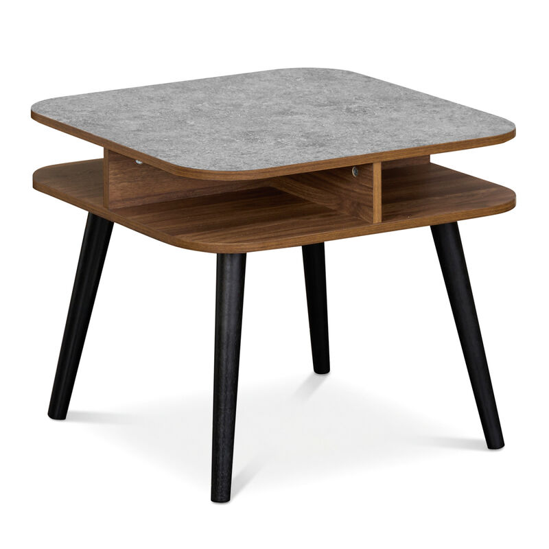 Wooden Side Table with Open Storage Shelves and Rubber Wood Legs image number 0