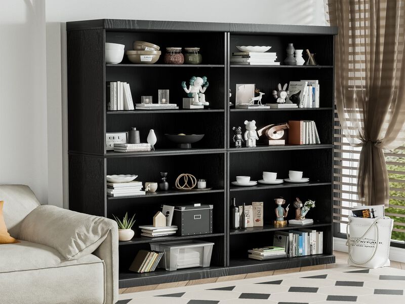 72" High Black Doorless Wood Grain Decorative Storage Cabinet with 12 shelves Combination Cabinet