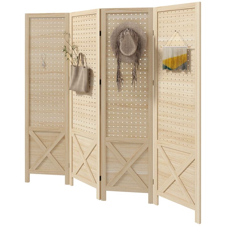 4 Panel Pegboard Display Room Divider, 4.7' Tall Wood Indoor Portable Folding Privacy Screen, Partition Wall Divider for Home Office, Natural