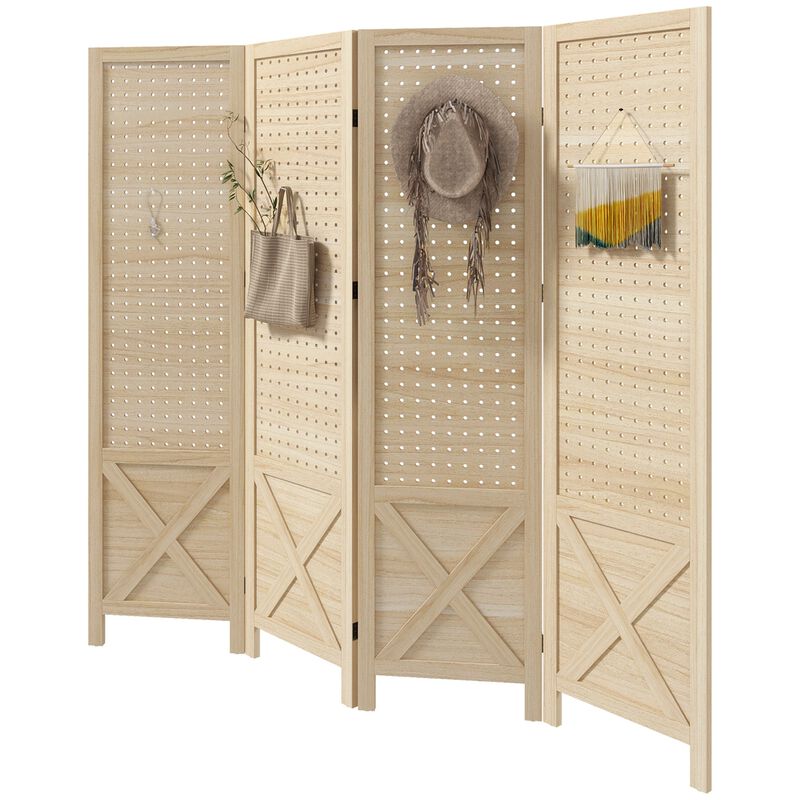 Natural Wood Folding Screen: 4 Panel, Pegboard, 4.7' Tall
