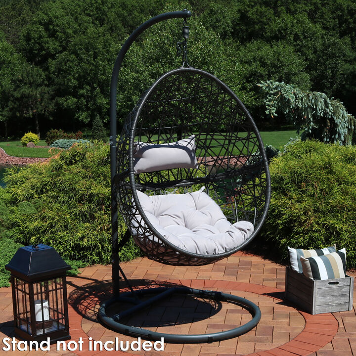 Sunnydaze Black Resin Wicker Hanging Egg Chair with Cushions