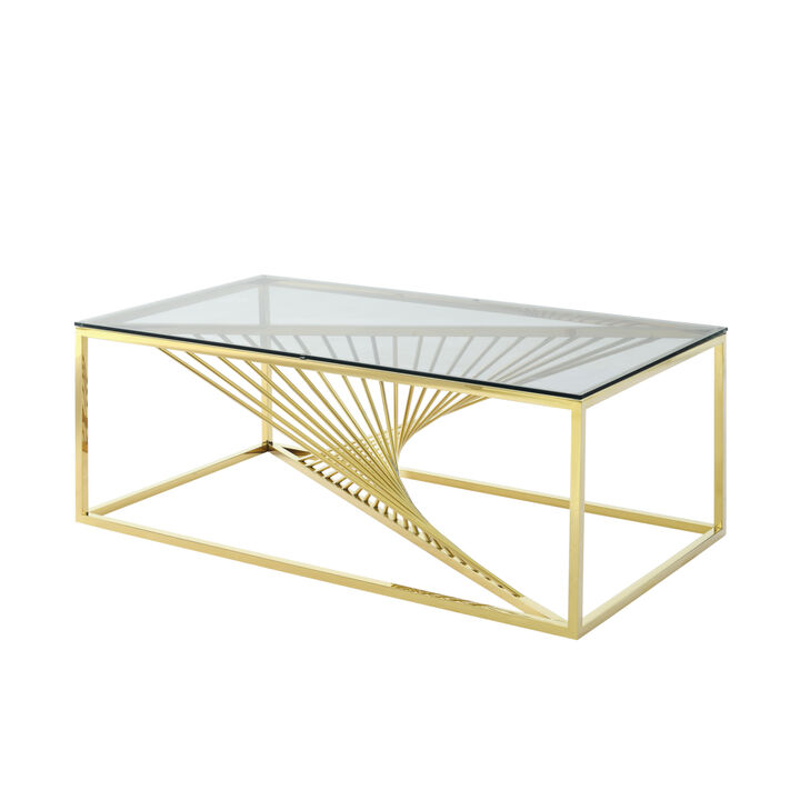 Modern Rectangular Coffee Accent Table with Clear Tempered Glass Top and Stainless Steel Frame for Living Room Bedroom - Gold