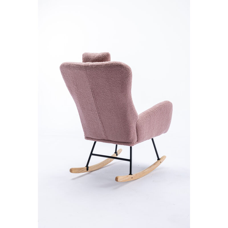 35.5 inch Rocking Chair, Soft Teddy Velvet Fabric Rocking Chair for Nursery, Comfy Wingback Glider Rocker with Safe Solid Wood Base for Living Room Bedroom Balcony (pink)