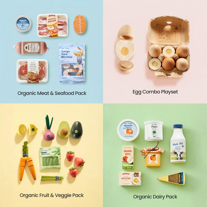 Wooden Play Food for Kids Kitchen, Pretend Food Set Toy - 4 Themed Sets, Play Kitchen Accessories, Montessori Toy
