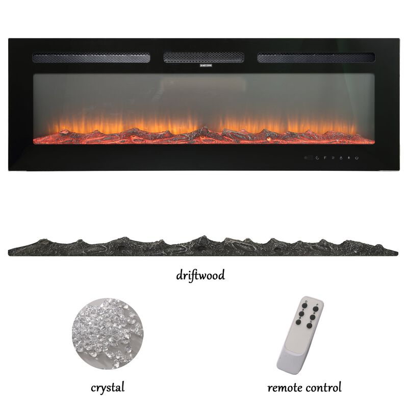 Black 50 in. Wall-Mounted Electric Fireplace with Logs & Crystals, Remote 1500/750W