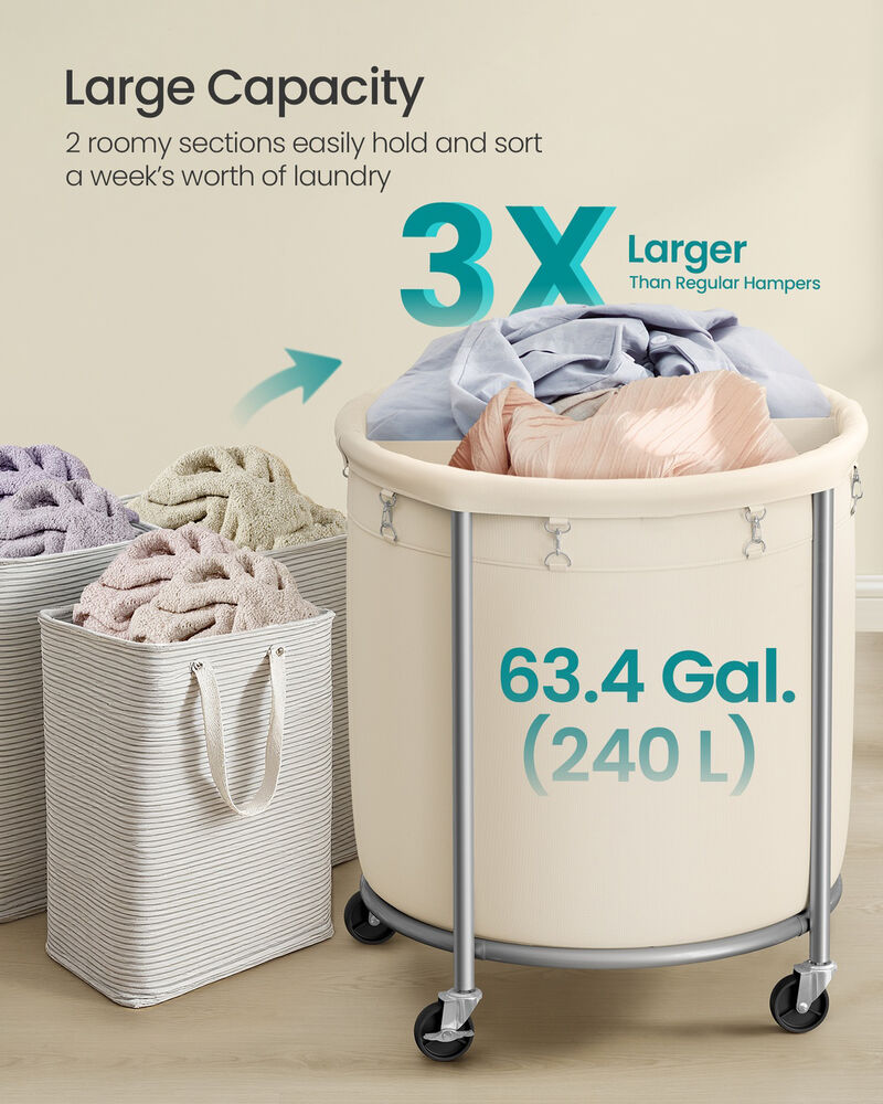 Rolling Laundry Basket 63.5 Gal Cream White and Silver image number 2