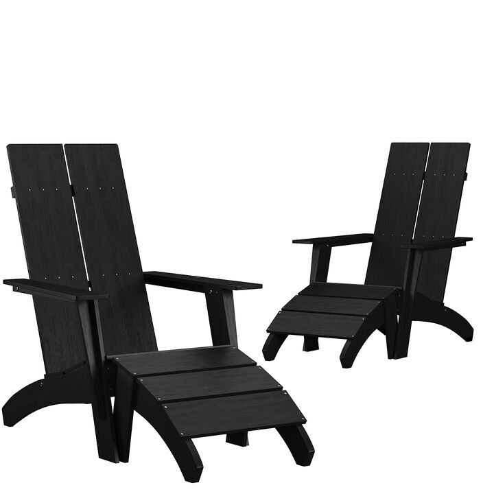 Flash Furniture Set of 2 Sawyer Adirondack Style Chairs with Footrests - Black Poly Resin - Weather Resistant