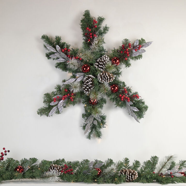 32" Pre-Lit Decorated Frosted Pine Cone and Berries Artificial Christmas Snowflake Wreath