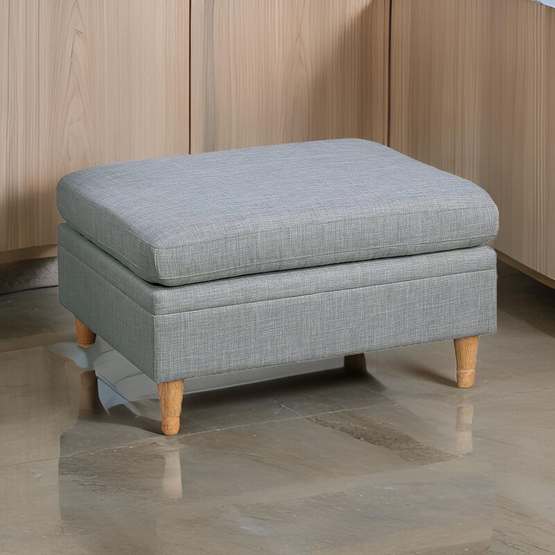 Gimy 37 Inch Ottoman, Cushioned Seat, Gray Dorris Upholstery, Solid Wood - Benzara