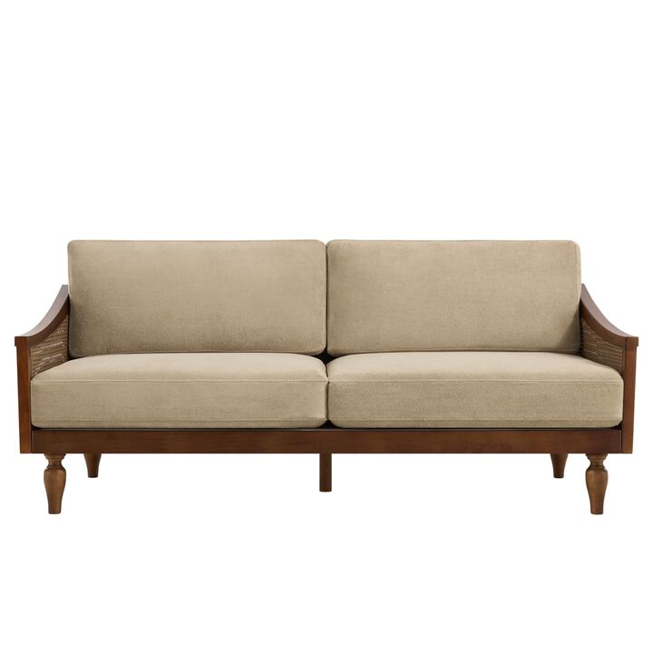 Mid-century modern 3-seater sofa couch, chenille upholstered sofa with rattan armrests, rubberwood frame sofa for apartment living room