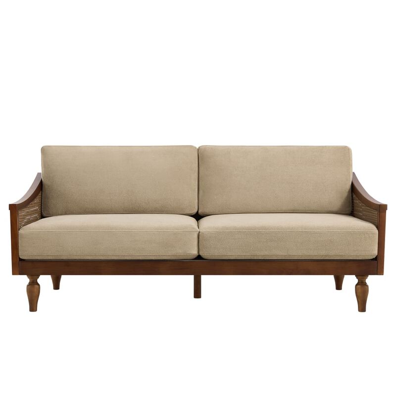Mid-century modern 3-seater sofa couch, chenille upholstered sofa with rattan armrests, rubberwood frame sofa for apartment living room image number 0