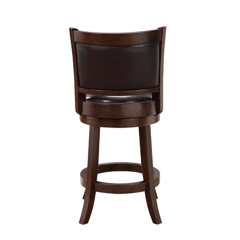 Pal 24 Inch Swivel Counter Stool, Solid Wood, Faux Leather, Espresso Brown-Benzara