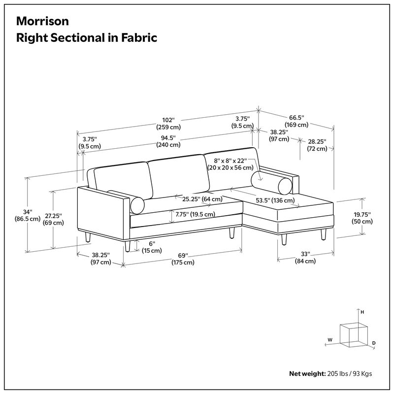 Morrison Mid Century Right Sectional 102 inch Wide Sofa Sectional in Mist Grey Tightly Woven Performance Fabric