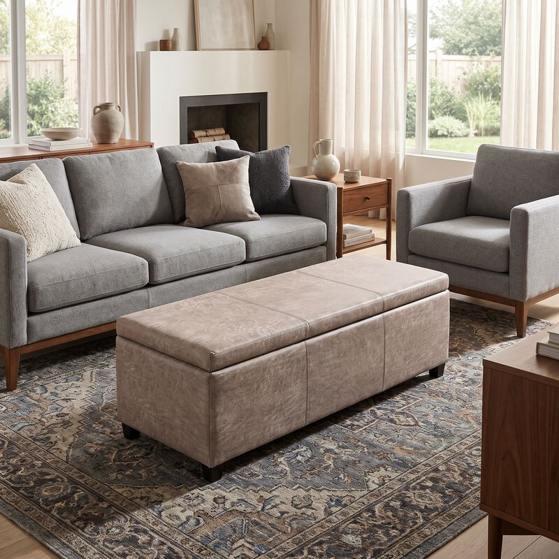 Avalon 48 inch Wide Contemporary Rectangle Storage Ottoman Bench in Distressed Grey Taupe Vegan Faux Leather, Assembled image number 1