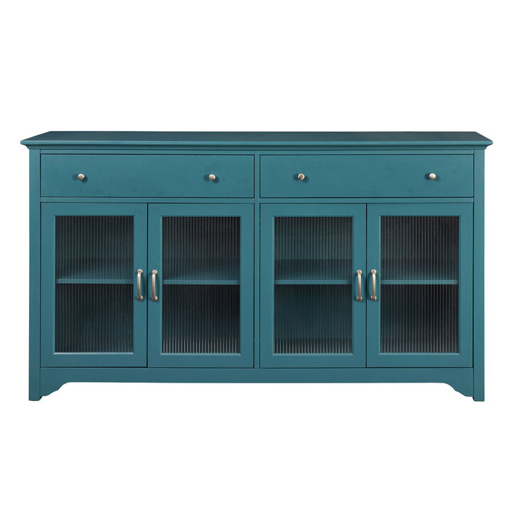 66" TV Console, Storage Buffet Cabinet, Sideboard with Glass Door and Adjustable Shelves, Console Table for Dining Living Room Cupboard, Teal Blue