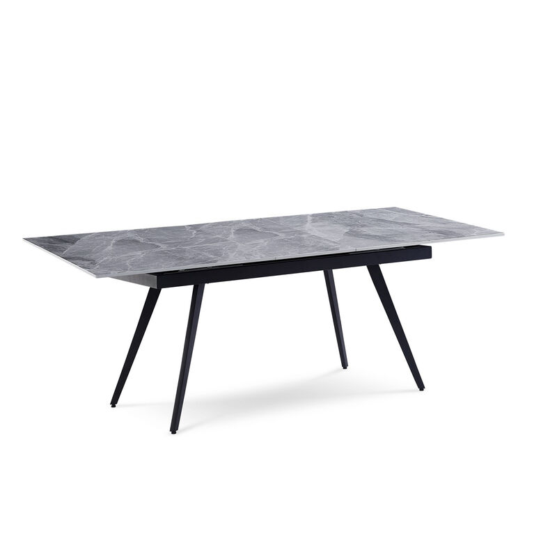 79 Inch Extendable Modern Dining Table, Textured Stone Surface, Warm Gray