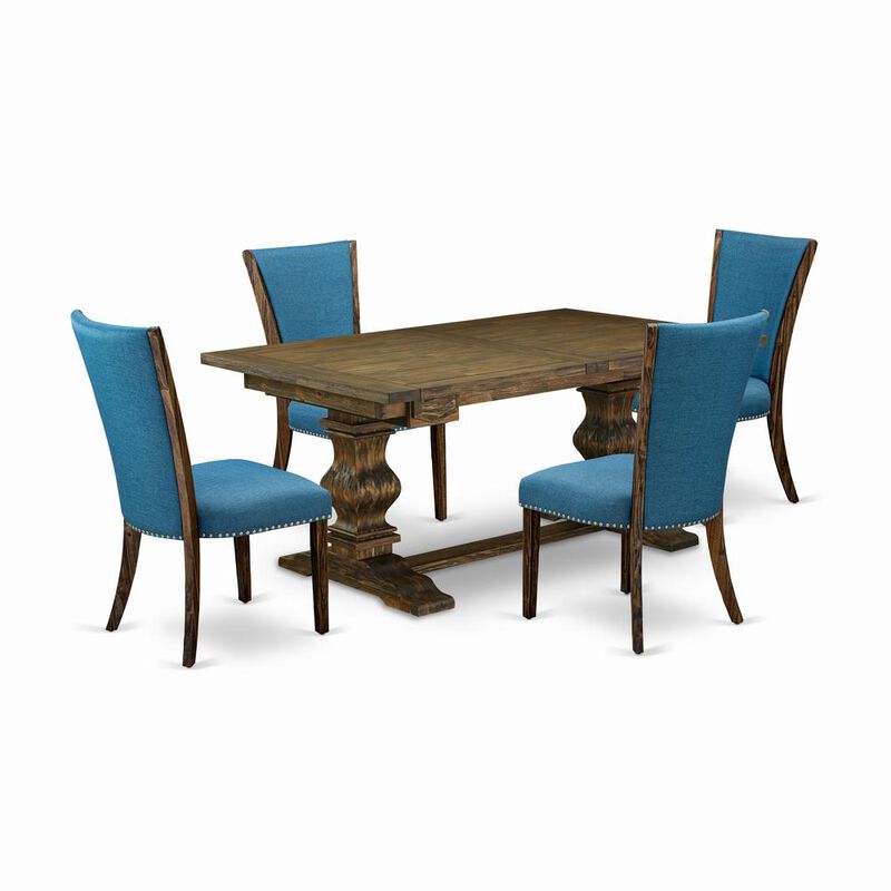 East West Furniture LAVE5-77-21 5Pc Dinette Sets for Small Spaces Consists of a Rectangle Table and 4 Parsons Chairs with Blue Color Linen Fabric, Distressed Jacobean Finish